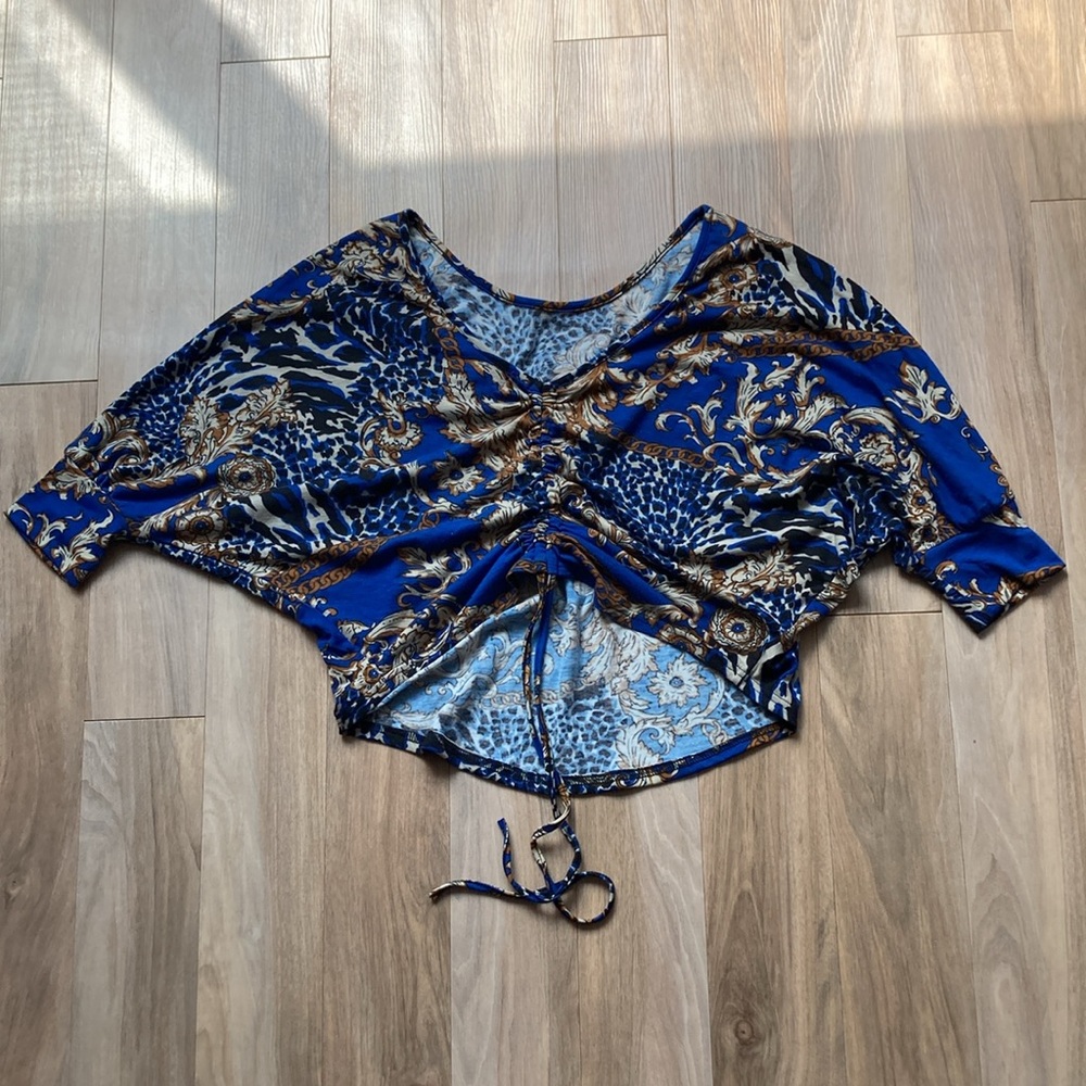 Floral print top boho w stretch adjustable length w/ cinch casual  M jrs - Picture 11 of 14